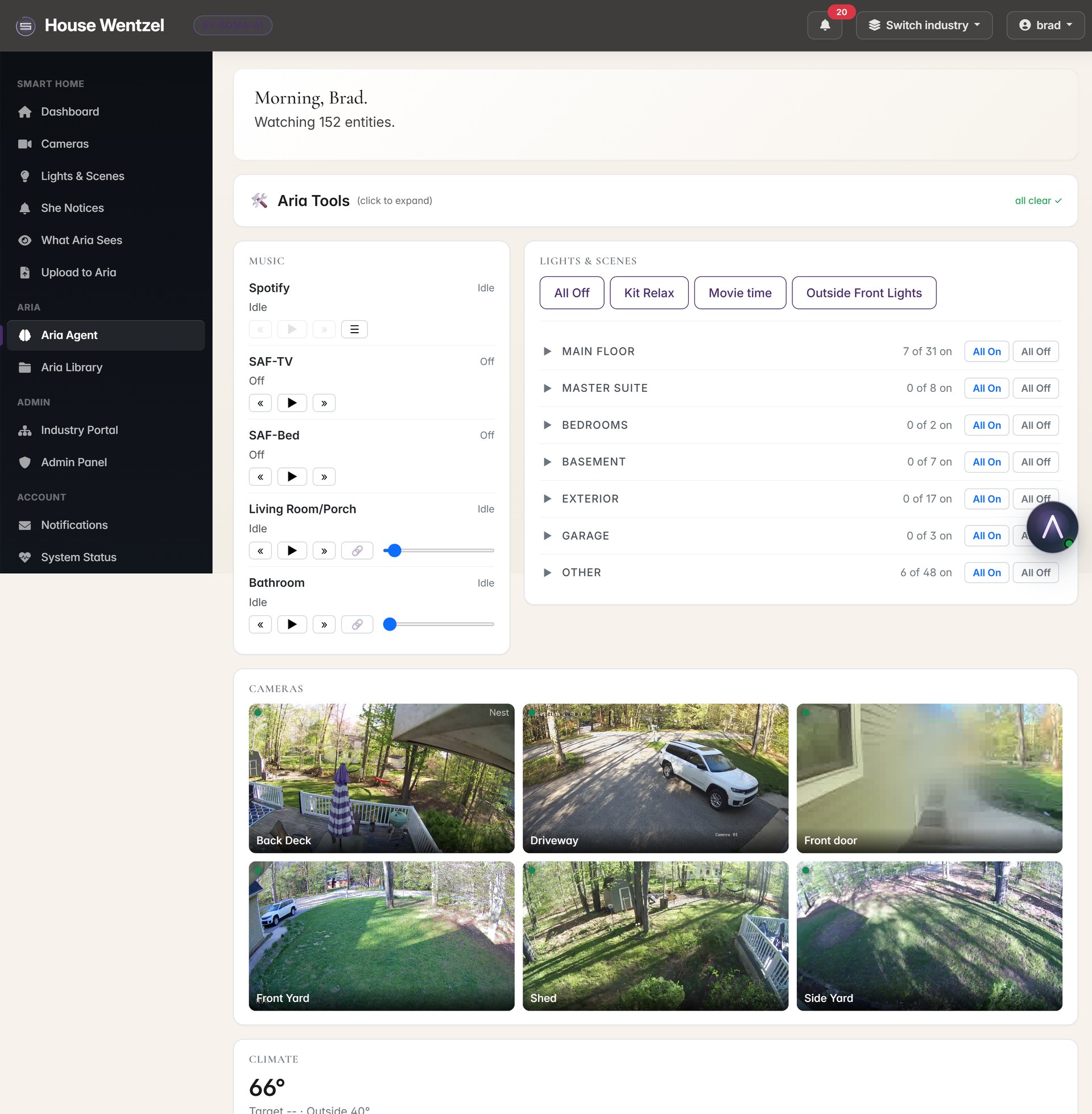 Top of the Aria dashboard — sidebar with Smart Home / Aria / Admin / Account sections, lights + scenes panel, music players for every Sonos zone in the house, all in one view