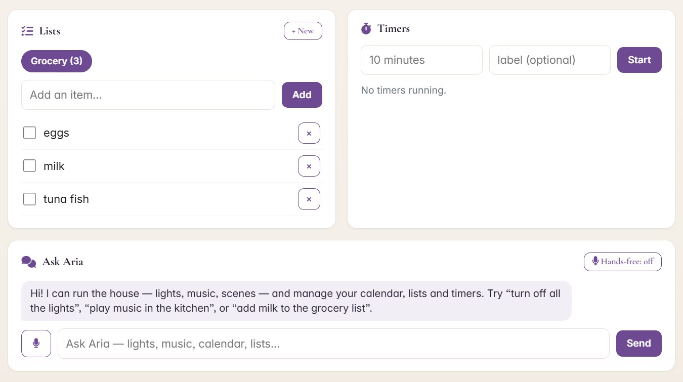 Aria Family Hub — shared grocery list with items, a timers card, and the Ask Aria chat with microphone and hands-free voice toggle
