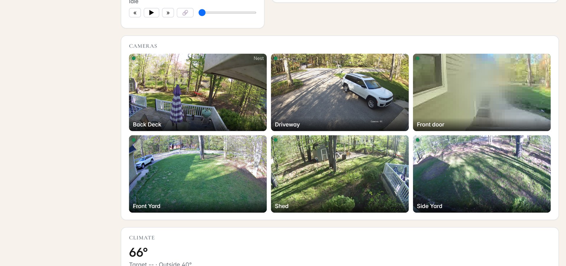 Aria dashboard showing all six house cameras streaming live in one view